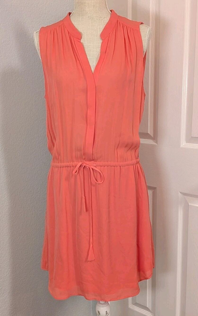 Babaton Women Shirt Dress Pink Silk Sleeveless V Neck Drawstring Mini Size L